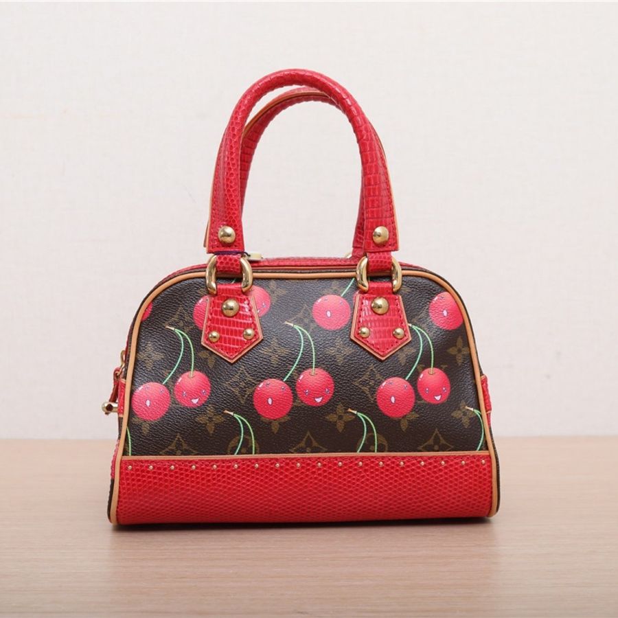 LOUIS VUITTON 中古村上隆櫻桃限定蜥蜴皮手提包印花肩背包-0