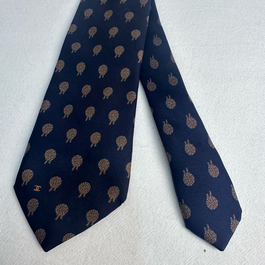 Chanel 藏青色花紋圖案領帶 領結 絲綢(中古)-1
