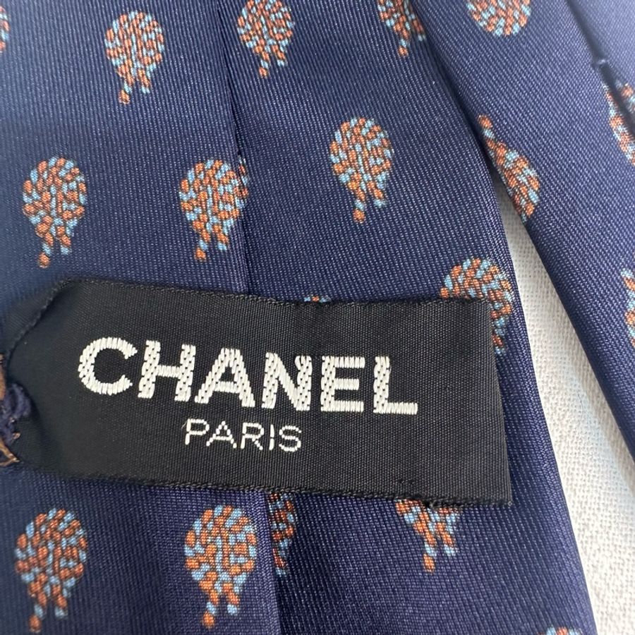 Chanel 藏青色花紋圖案領帶 領結 絲綢(中古)-3
