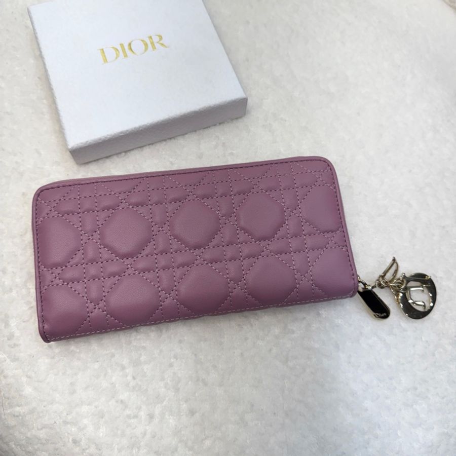 DIOR粉紫色藤格紋羊皮Lady Dior Voyageur長夾S0007ONMJ-1