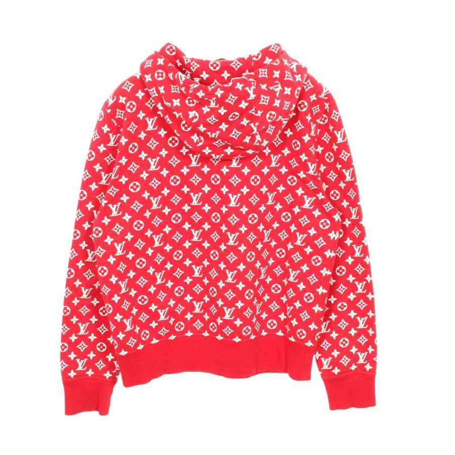 LOUIS VUITTON × Supreme 聯名款連帽衫,飾有 Box Logo,純棉材質,紅白配色,S 碼,二手,男女通用。 LV-1
