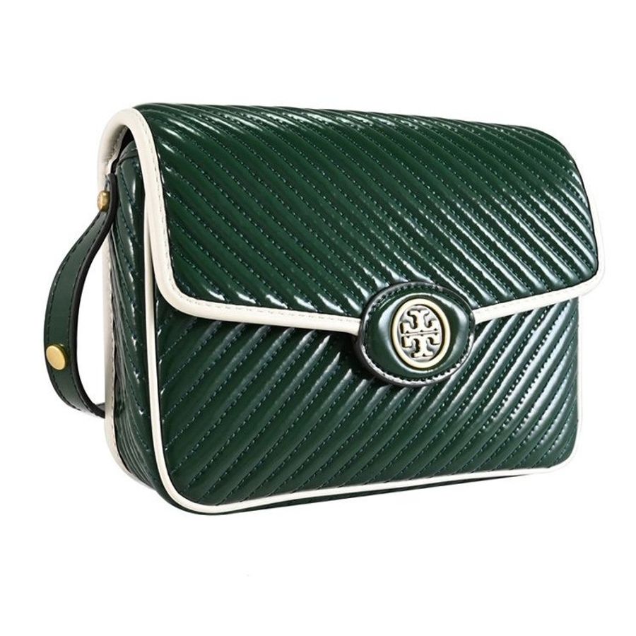 【TORY BURCH】斜紋漆皮翻蓋復古風斜背包-祖母綠-2