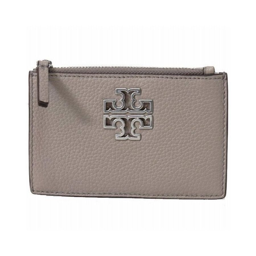 【TORY BURCH】真皮素色拉鍊卡片零錢包-大象灰/銀-0