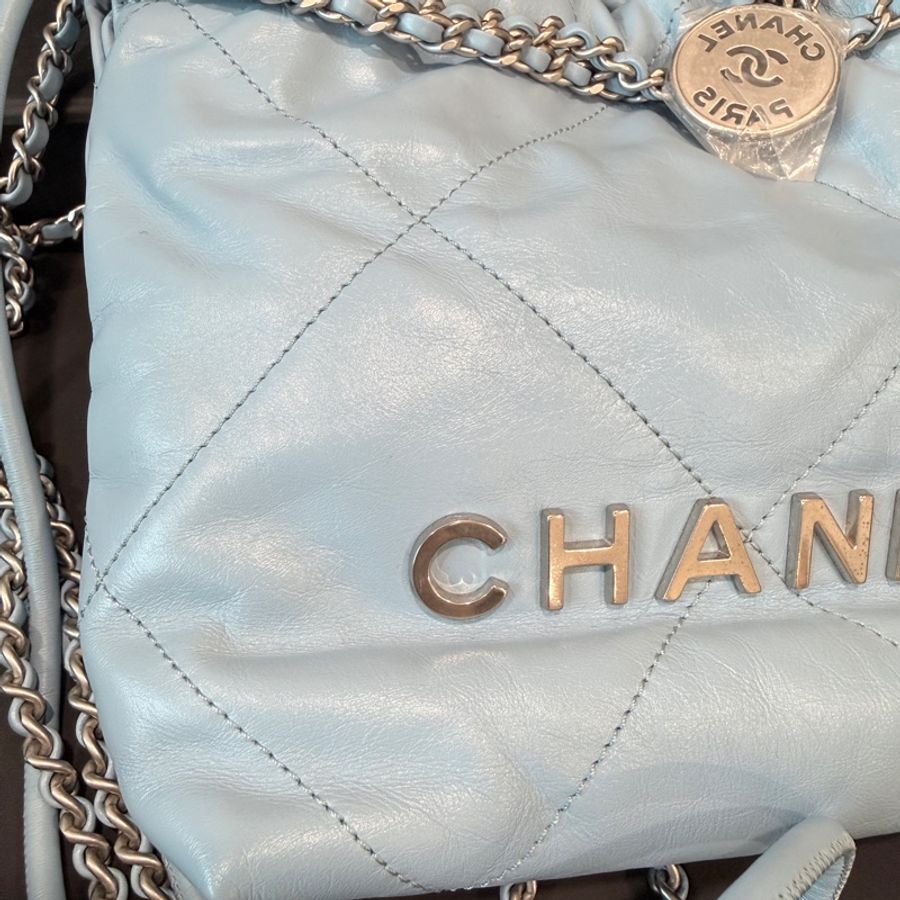 CHANEL✨22bag mini垃圾袋Hobo 購物袋 水藍/寶寶藍-6