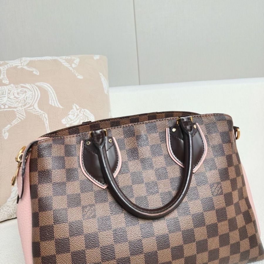LV Normandy諾曼底棋盤格手提斜背包 棕棋盤格拼粉色 33*23*17 98新配件肩帶 鑰匙鎖 塵袋-3