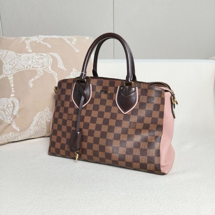 LV Normandy諾曼底棋盤格手提斜背包 棕棋盤格拼粉色 33*23*17 98新配件肩帶 鑰匙鎖 塵袋-4