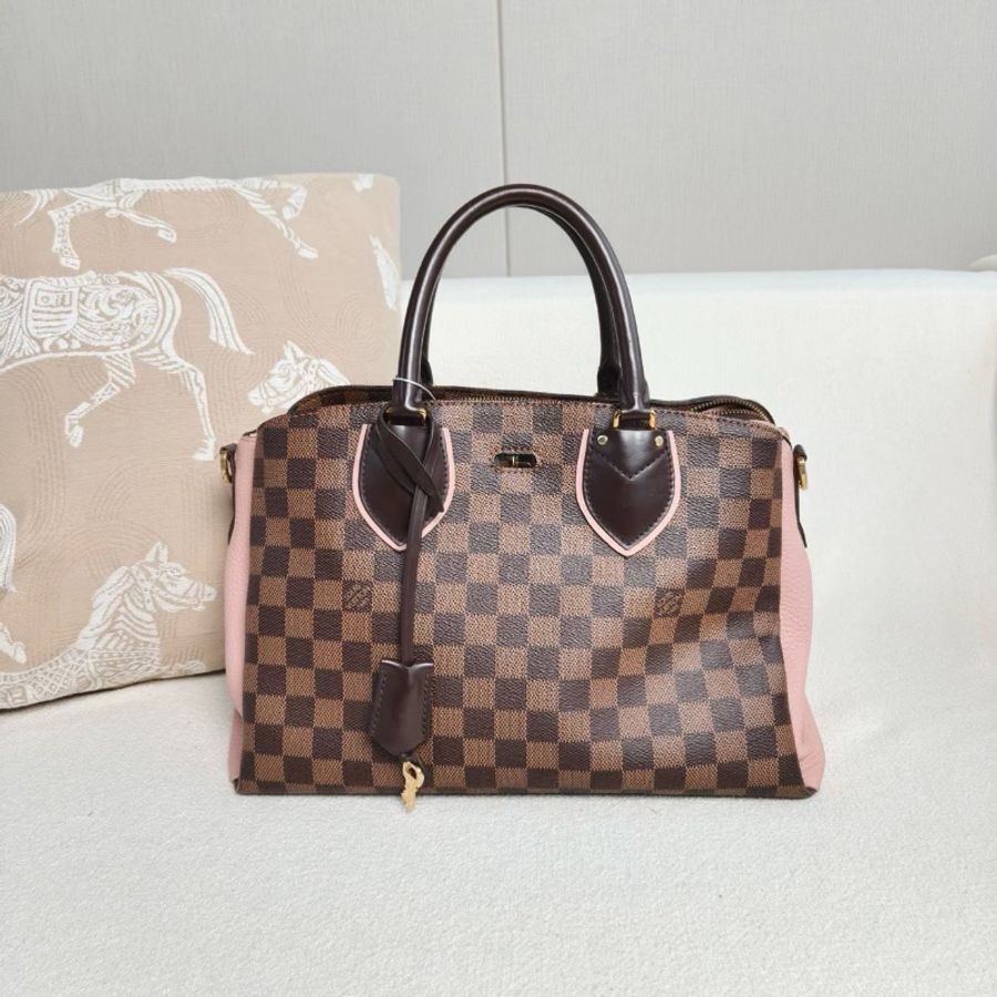 LV Normandy諾曼底棋盤格手提斜背包 棕棋盤格拼粉色 33*23*17 98新配件肩帶 鑰匙鎖 塵袋-8