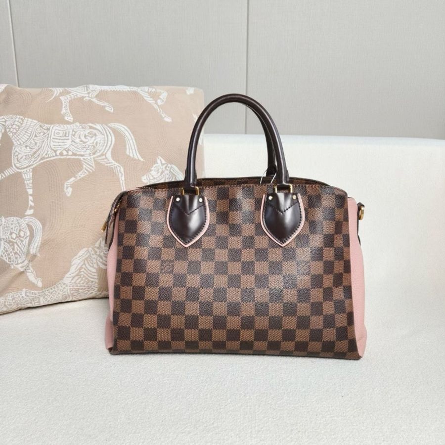 LV Normandy諾曼底棋盤格手提斜背包 棕棋盤格拼粉色 33*23*17 98新配件肩帶 鑰匙鎖 塵袋-9