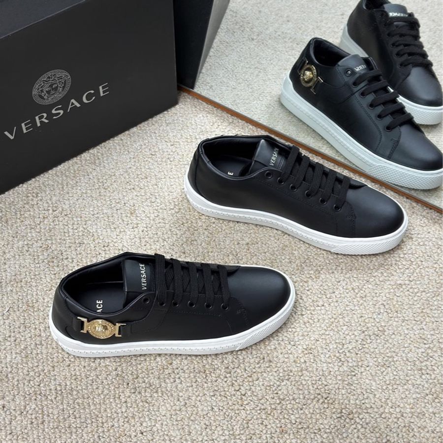 VERSACE 範思哲 黑色全皮系帶休閒鞋 板鞋 經典美杜莎浮雕標識 DST355DS 尺碼35-2