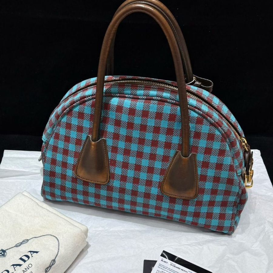 Prada 藍紅格紋保齡球包 小號31×15×24 98新配件塵袋-8