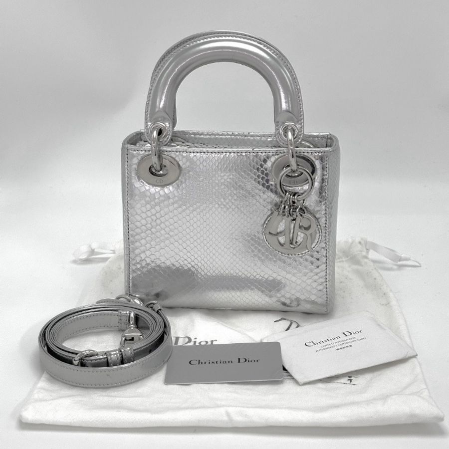 DIOR 銀色鏡面蛇皮三格黛妃手提肩背包17*15*7 98新配件塵袋 保卡-1