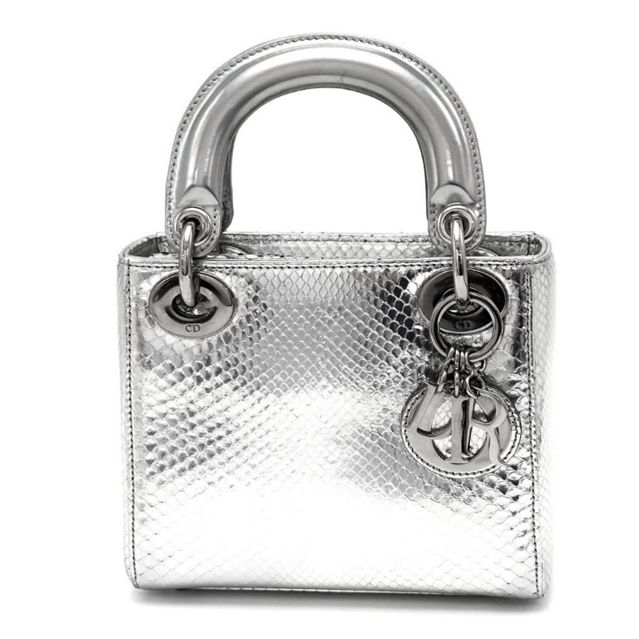 DIOR 銀色鏡面蛇皮三格黛妃手提肩背包17*15*7 98新配件塵袋 保卡-5