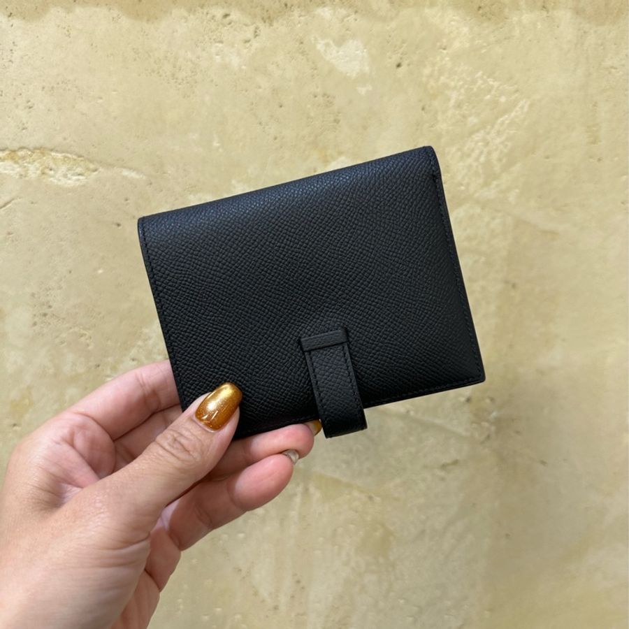 Hermes 89 Nior黑色Epson皮金釦內4卡零錢袋Bearn短夾-1