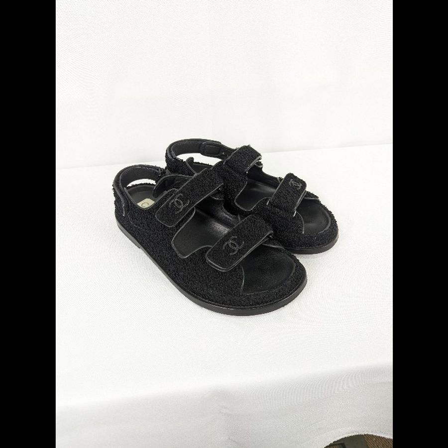 莉亞精品♡Chanel 毛呢魔鬼氈涼拖鞋 尺碼37.5 二手美鞋-0