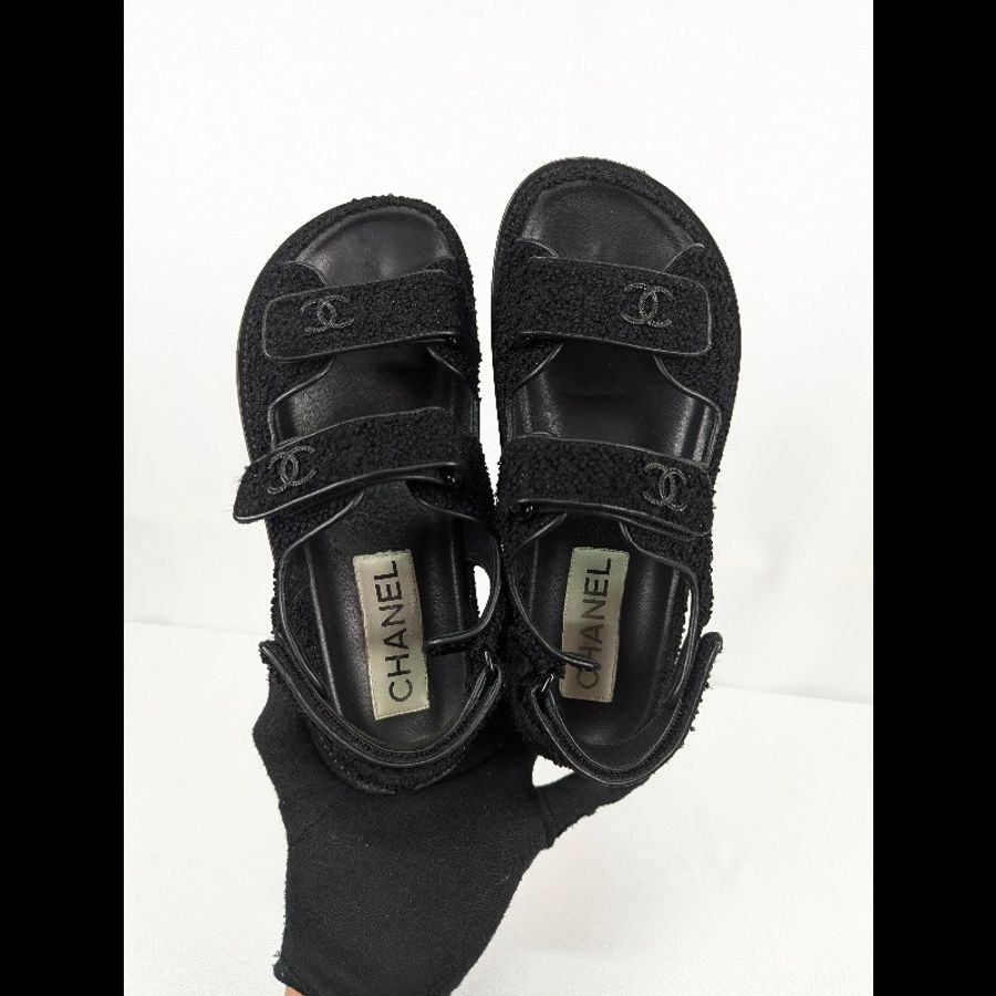 莉亞精品♡Chanel 毛呢魔鬼氈涼拖鞋 尺碼37.5 二手美鞋-1