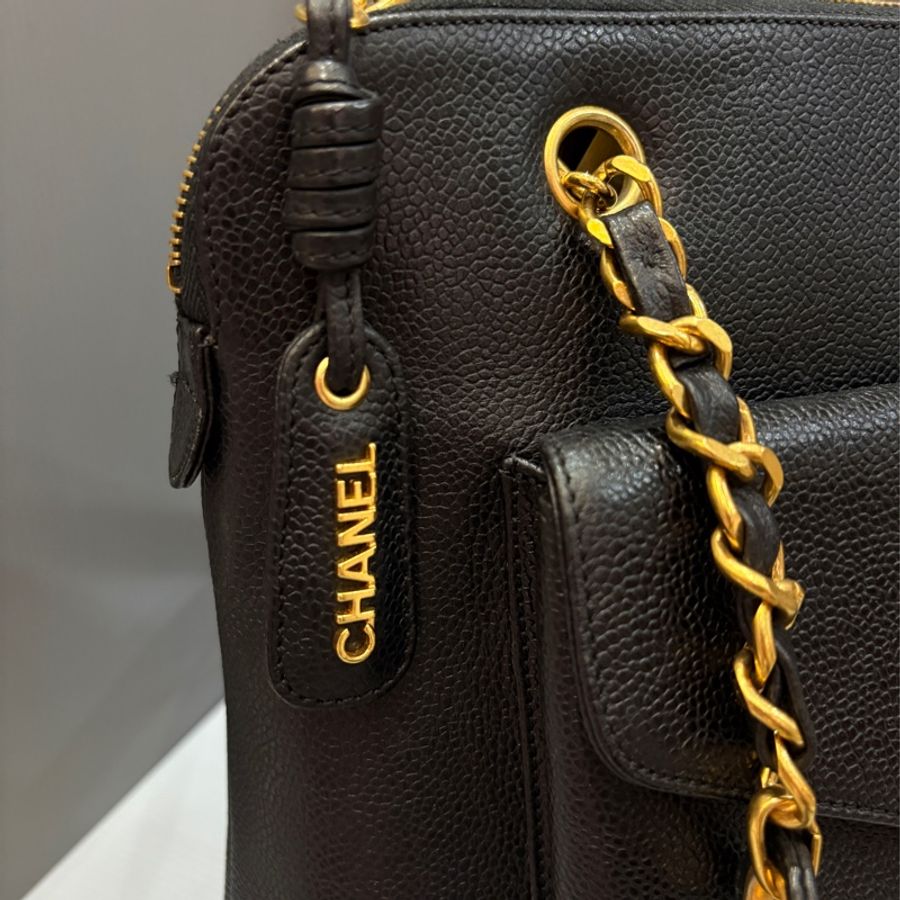 Chanel 黑金荔枝皮肩背購物托特包vintage-22