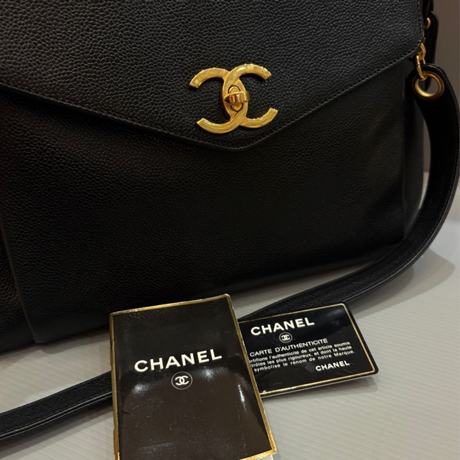 Chanel 黑金荔枝皮肩背購物托特包vintage-27