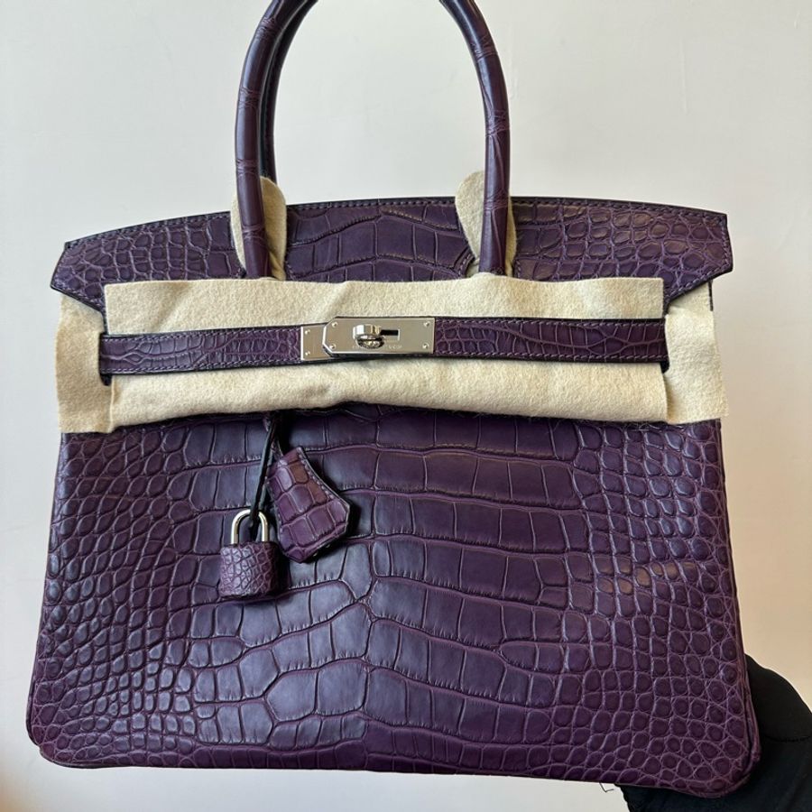 愛馬仕Hermès Birkin 30 霧面鱷魚皮 紫色銀扣-0