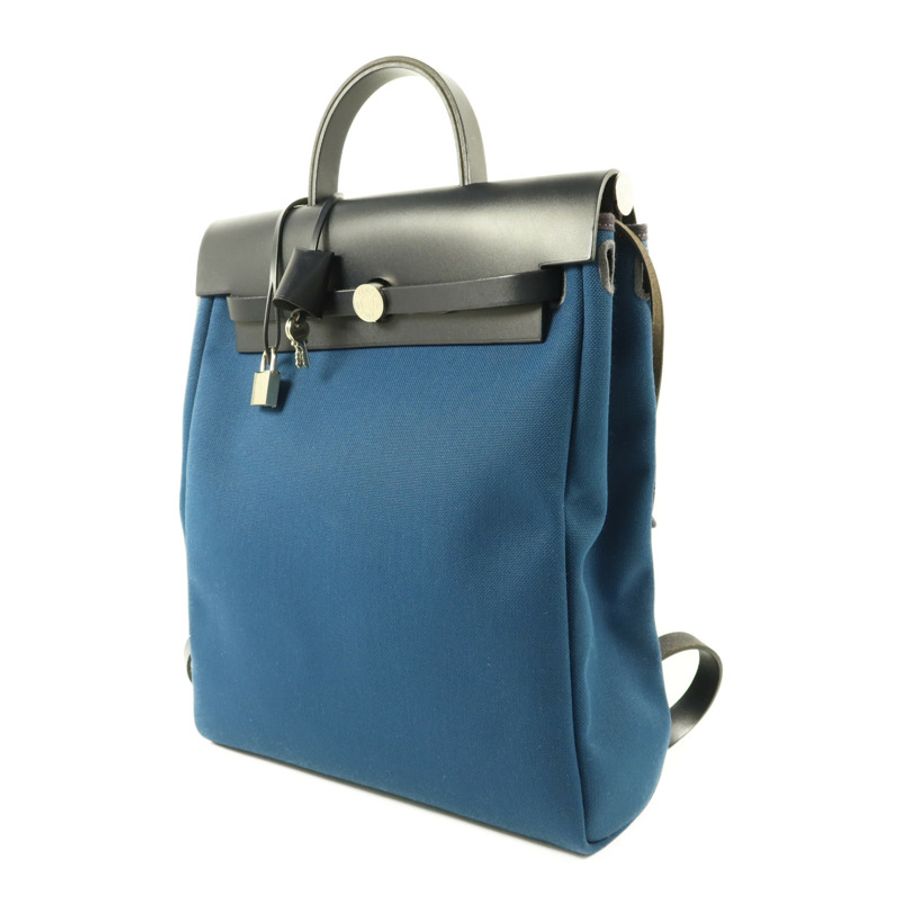 HERMES 帆布Herbag Backpack銀扣背包Deep Blue/Bleu Nuit-2