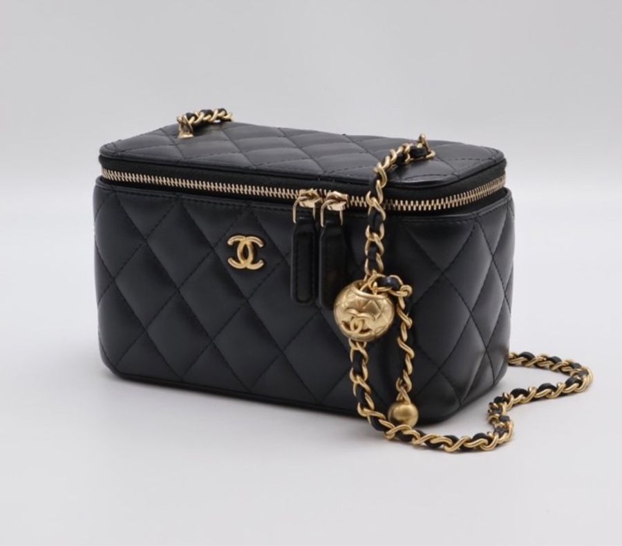 CHANEL 香奈兒 黑色 金球 化妝包 方盒子-8