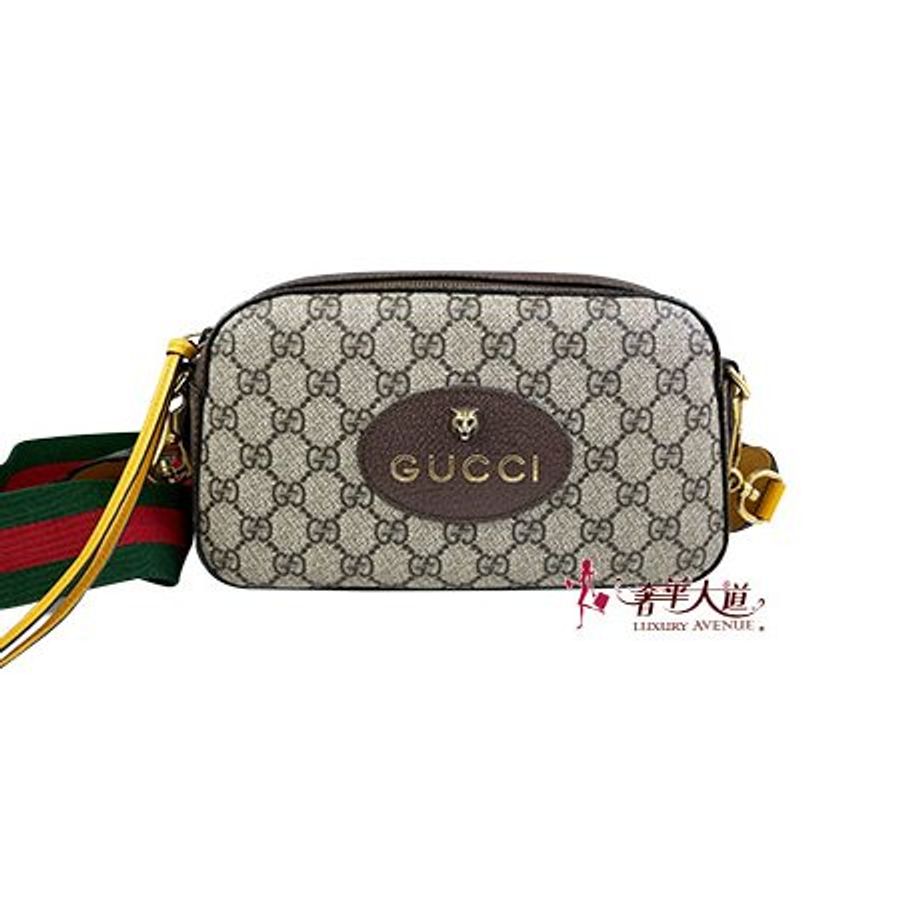 *奢華大道國際精品*【G1827】GUCCI咖啡色 PVC 綠紅綠織帶虎頭相機包 476466-0