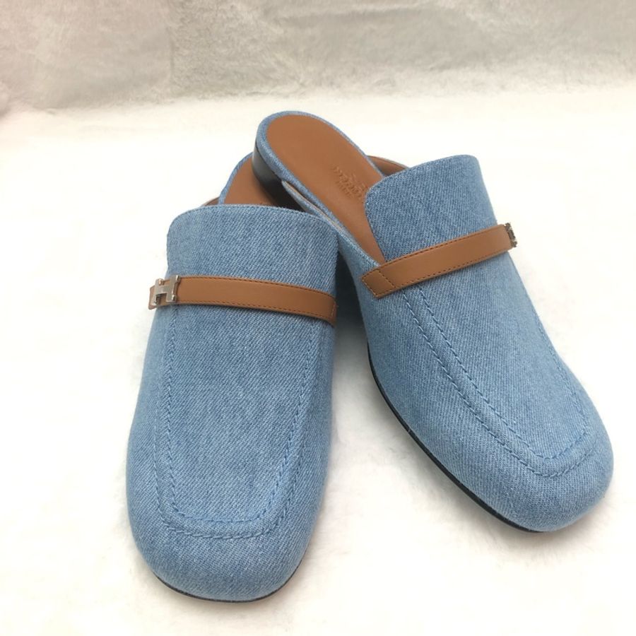 HERMES lene Mule丹寧銀色H字扣穆勒鞋 38.5 XC286-1