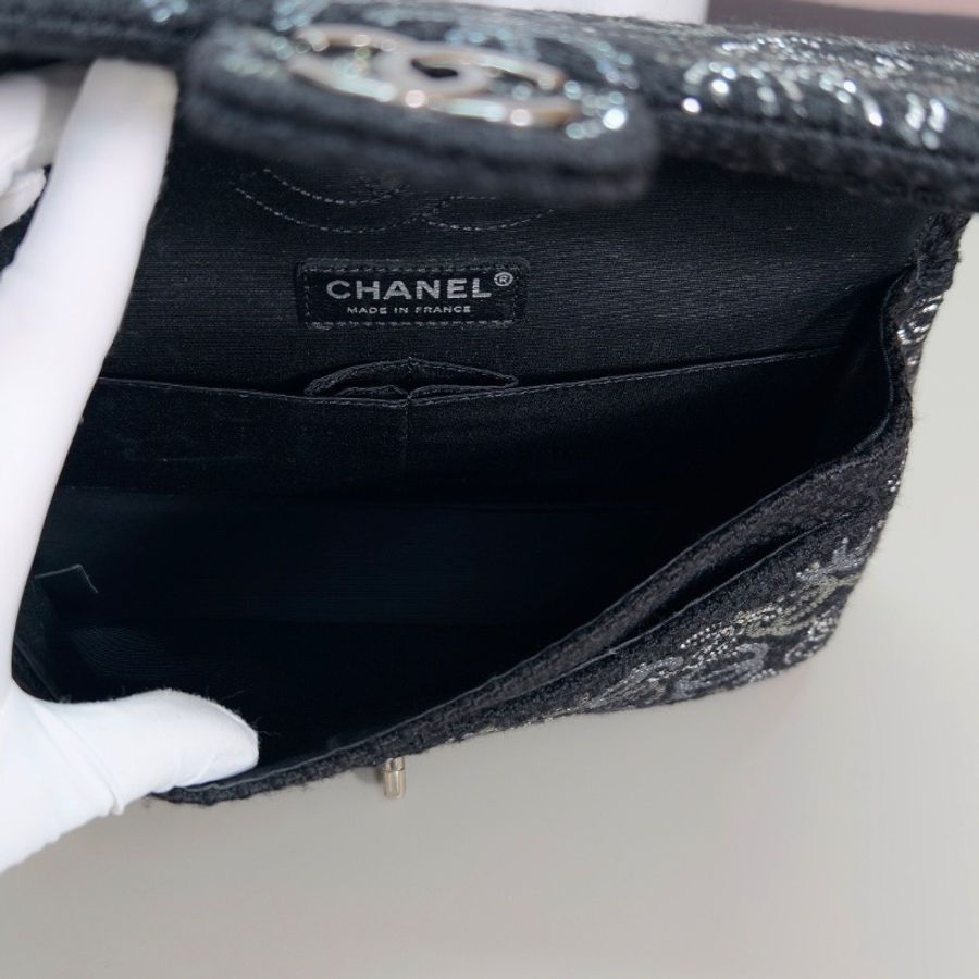 CHANEL 限量款黑銀滿天星粗呢cf中號肩背斜背包25*15*7 98新配件保卡塵袋-2