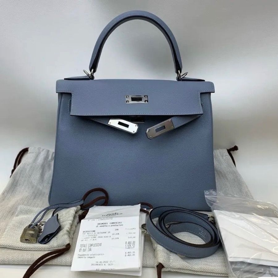 Hermes Kelly28 EV皮 J7亞麻藍 99新配件鎖 塵袋 購證 雨衣 鑰匙肩袋-1