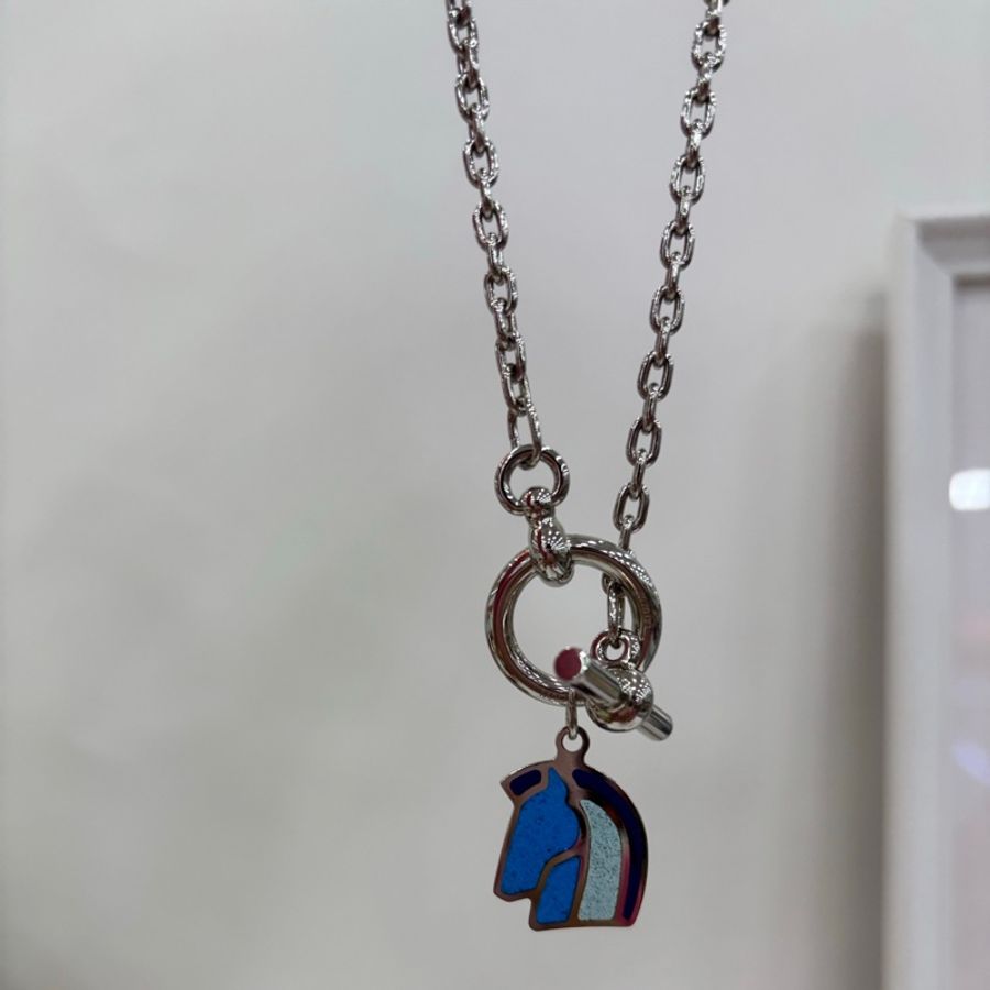 HERMES愛馬仕 Carrousel 琺瑯項鍊 男女同款 情侶款 銀色-1