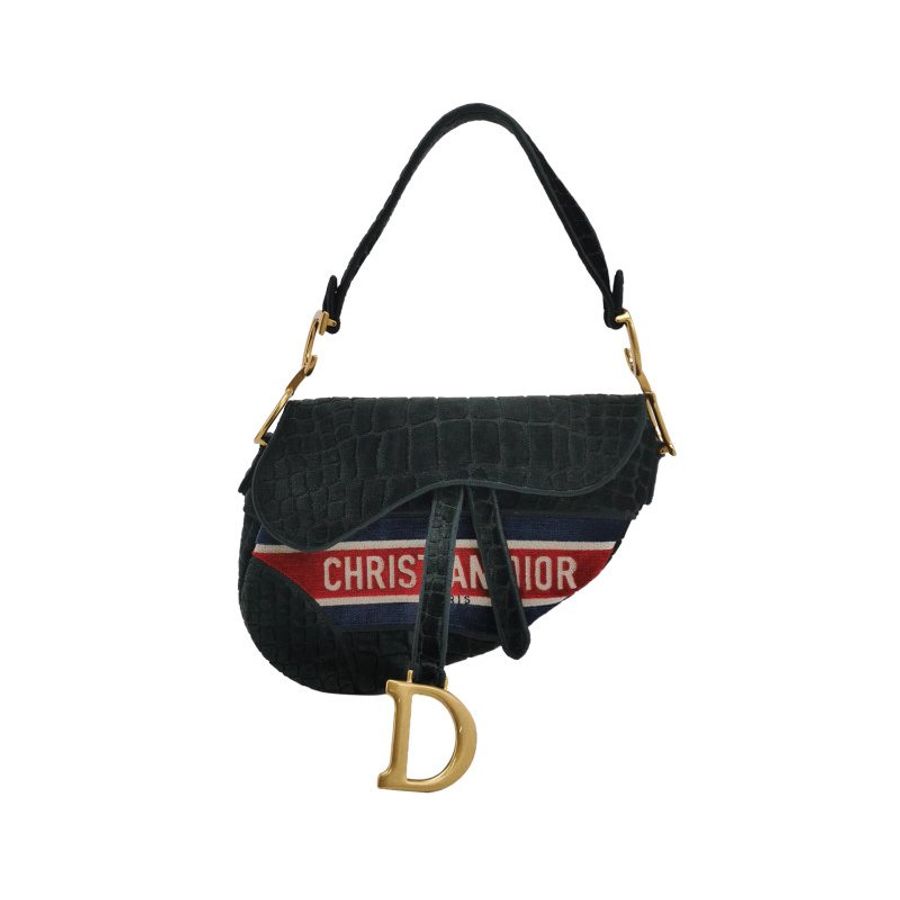 Dior Saddle馬鞍包絨布拼色條紋字母Logo鱷魚紋馬鞍造型單肩包-0