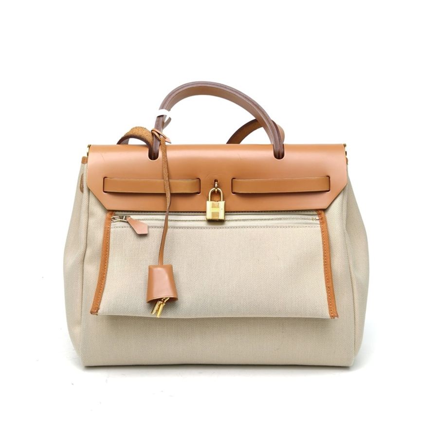 HERMES Herbag318L冰川白拼29本色帆布/牛皮U刻金扣肩背包-2
