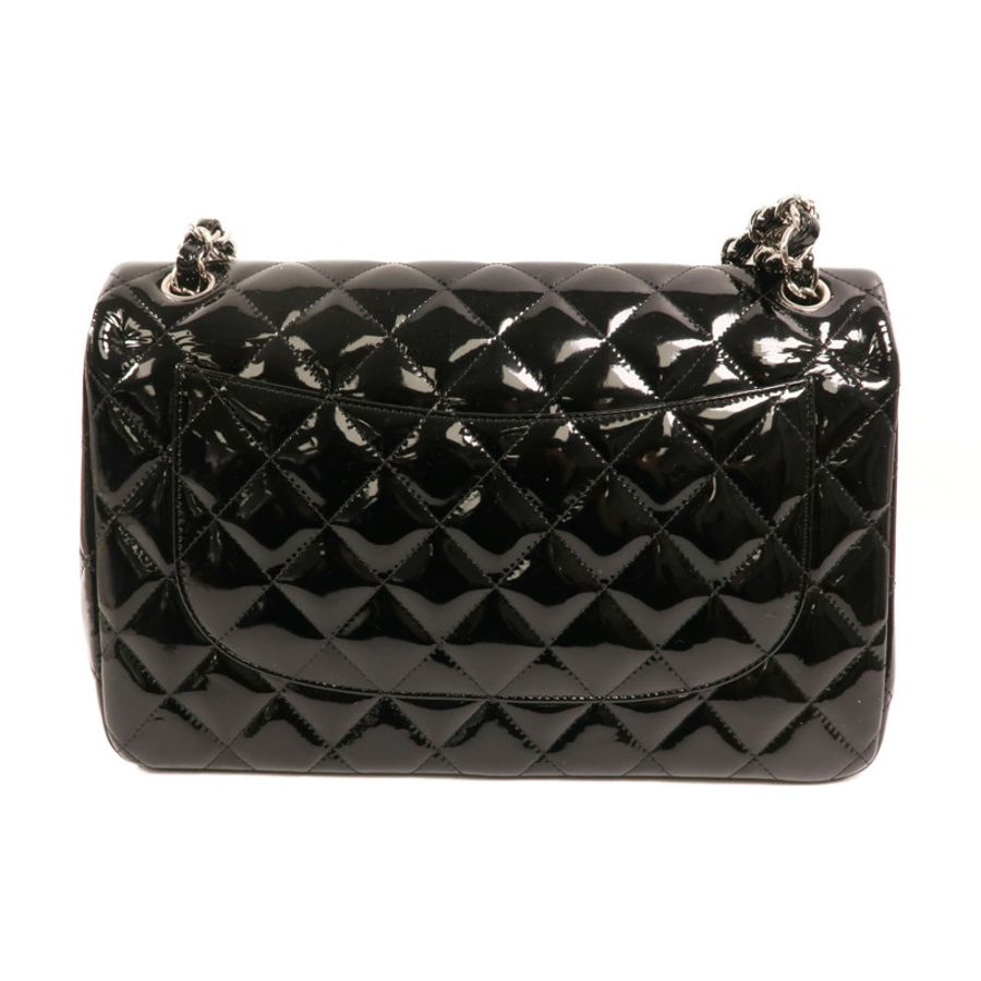 CHANEL 漆皮皮革Large Classic銀扣鏈帶肩背袋-1