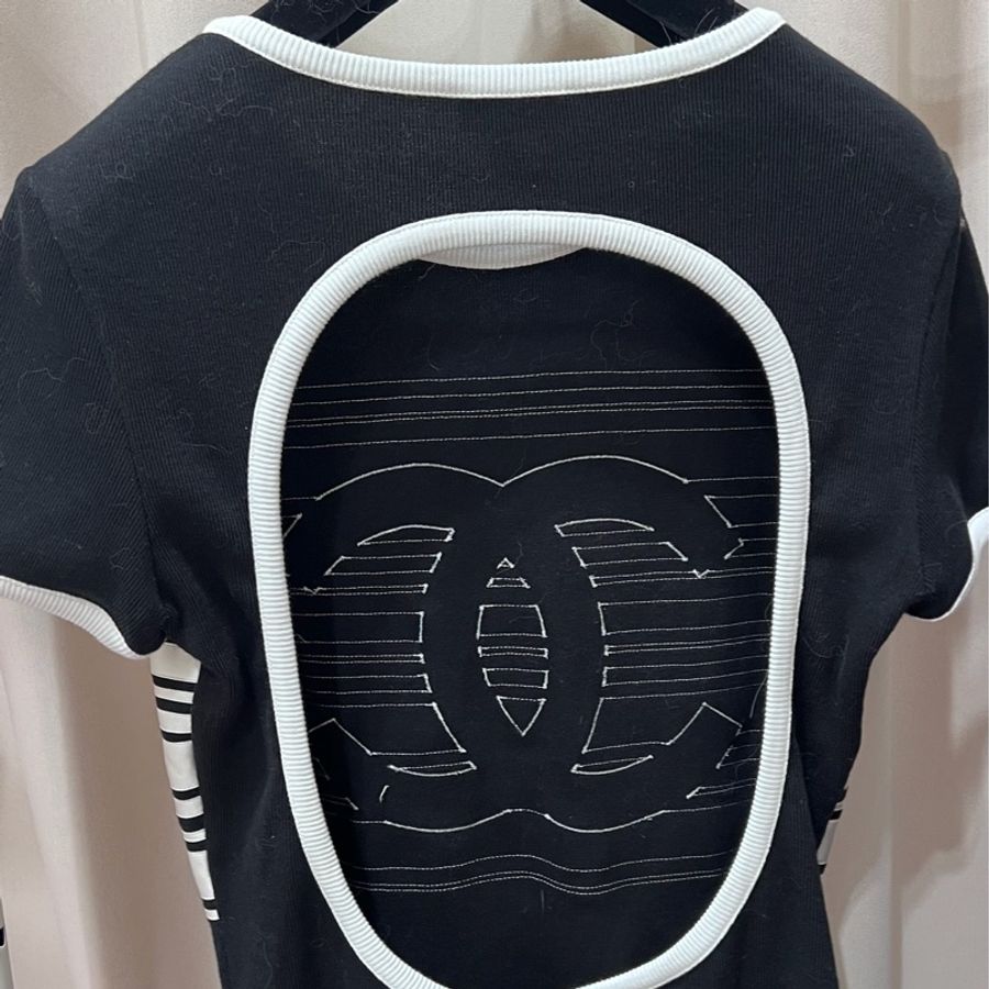 Chanel 大logo黑白條紋短袖上衣-5