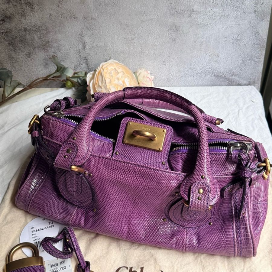 【絕版珍藏】Chloé Paddington 傳奇鎖頭包 – 紫色真蜥蜴皮-8