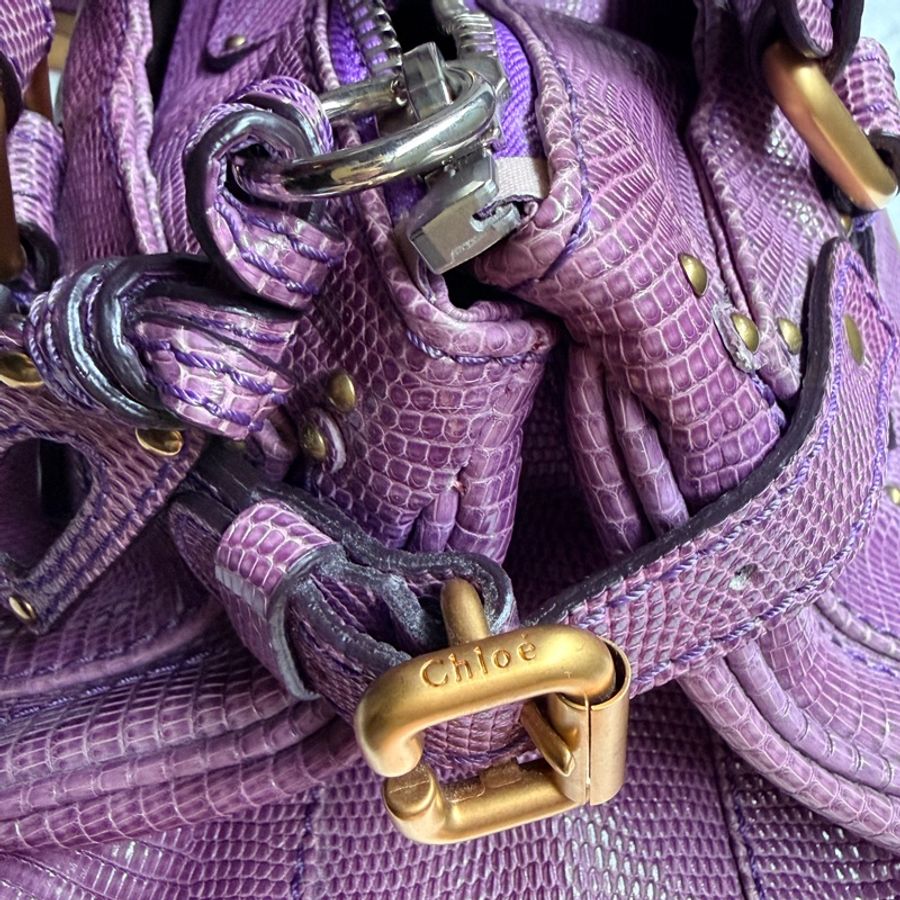 【絕版珍藏】Chloé Paddington 傳奇鎖頭包 – 紫色真蜥蜴皮-13
