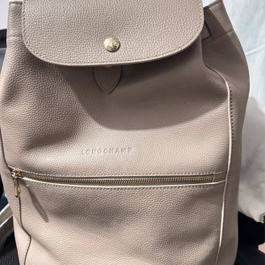 LONGCHAMP Le Foulonne 壓印字母LOGO牛皮釦式翻蓋束口後背包 大象灰-10