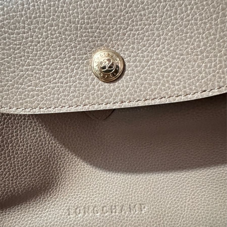 LONGCHAMP Le Foulonne 壓印字母LOGO牛皮釦式翻蓋束口後背包 大象灰-8