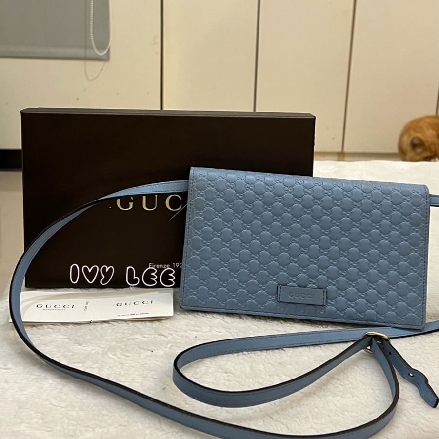 GUCCI 古馳 466507 經典Guccissima系列雙G壓紋LOGO牛皮肩背 水藍 斜背包 正品 二手精品-0