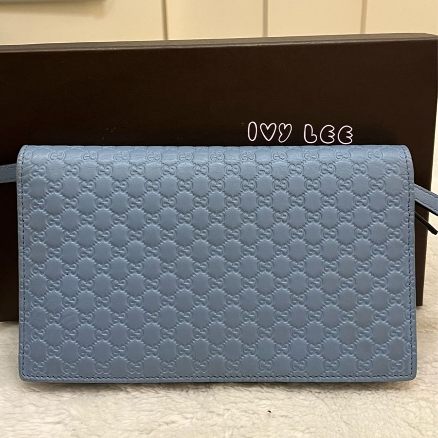 GUCCI 古馳 466507 經典Guccissima系列雙G壓紋LOGO牛皮肩背 水藍 斜背包 正品 二手精品-1