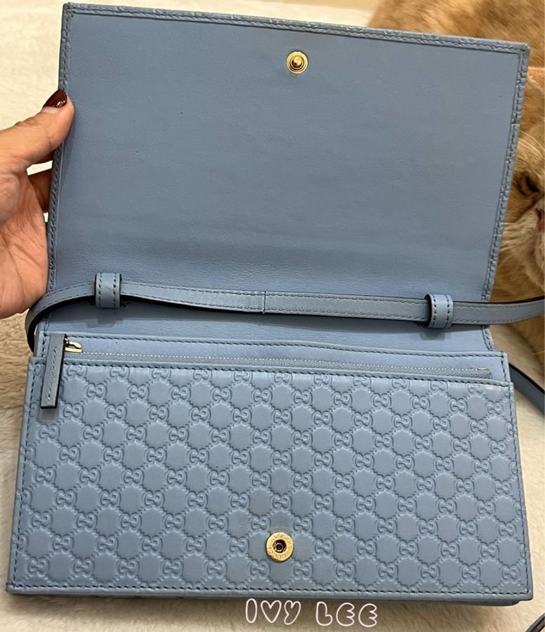 GUCCI 古馳 466507 經典Guccissima系列雙G壓紋LOGO牛皮肩背 水藍 斜背包 正品 二手精品-2