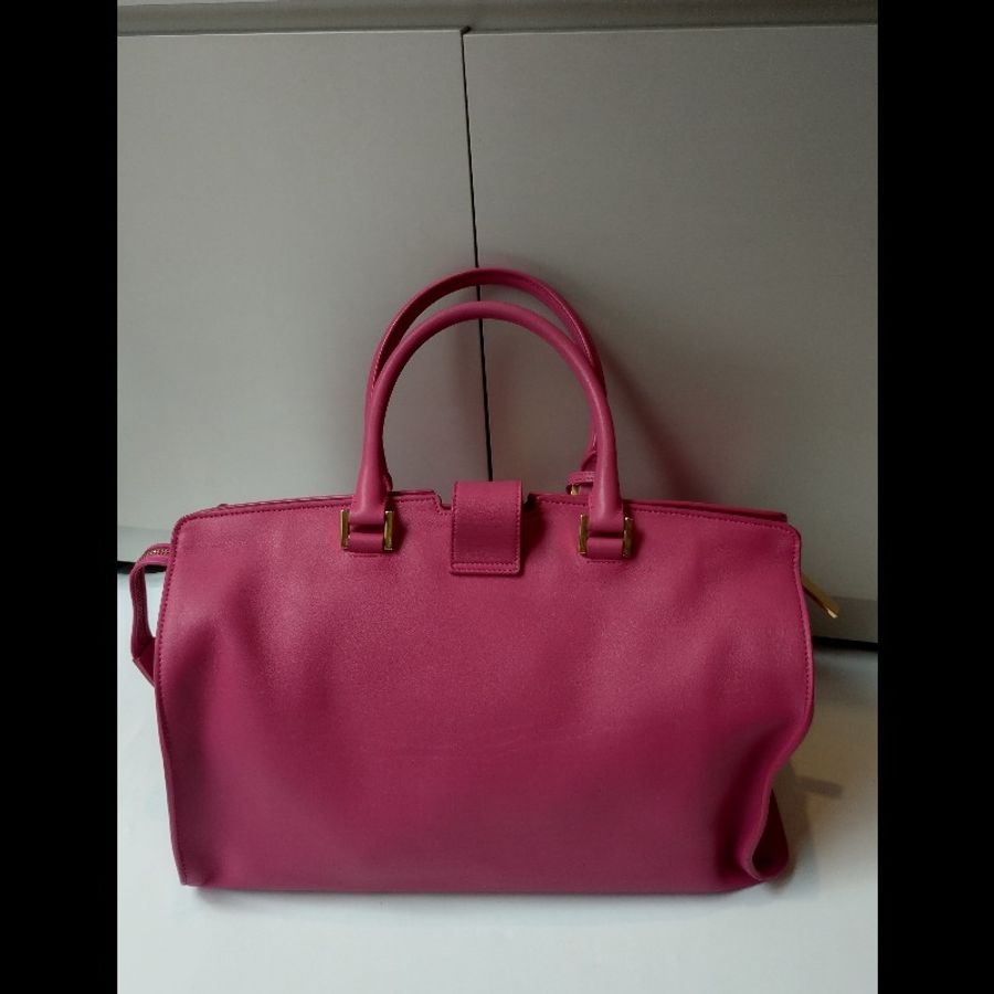 YSL Y字金釦桃紅皮大方提包-1