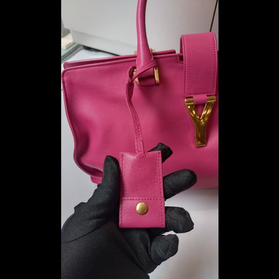 YSL Y字金釦桃紅皮大方提包-31