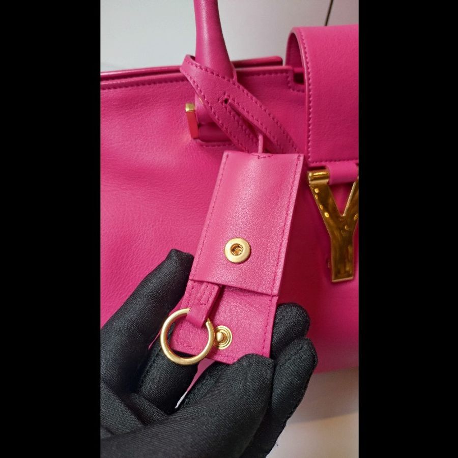 YSL Y字金釦桃紅皮大方提包-33