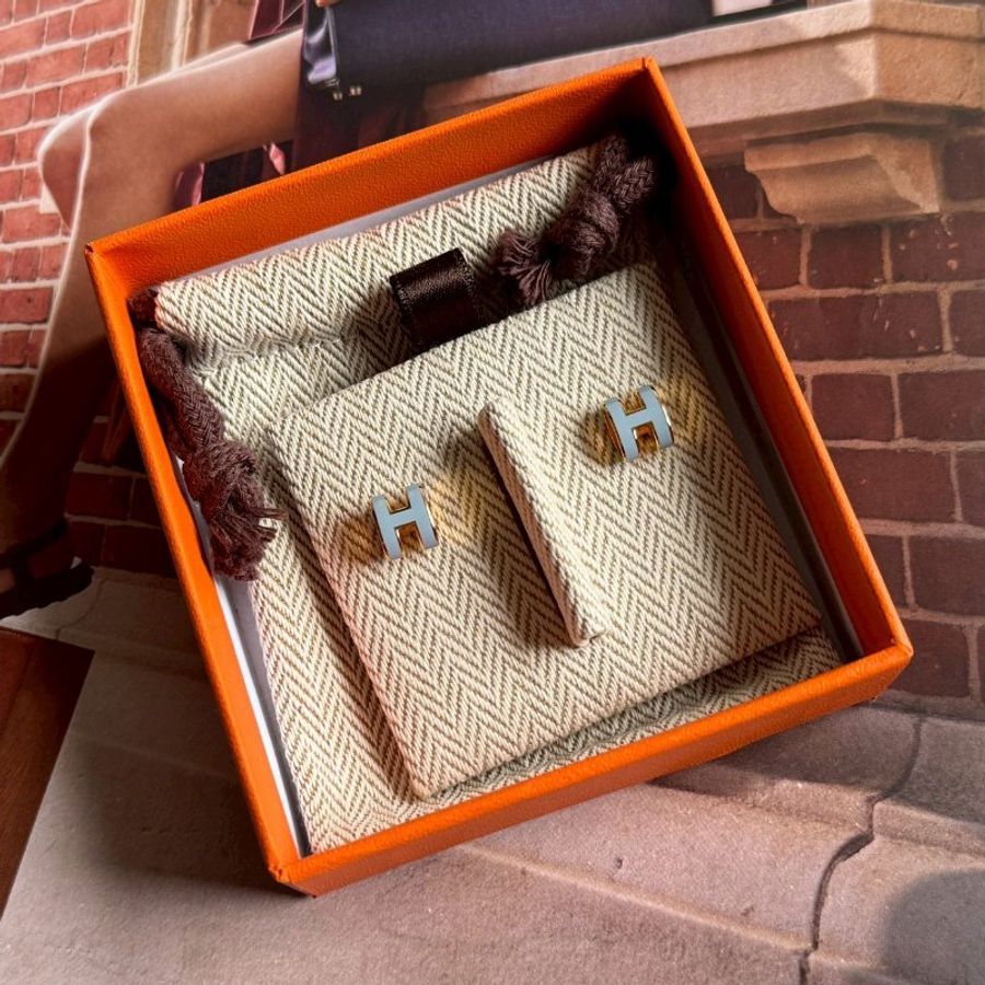 💖全新商品😍Hermes 水藍色金H mini pop 耳環-0