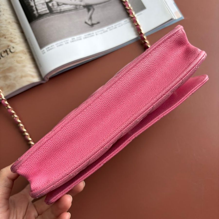 ::CHANEL:: 粉色金雙C 吸釦鏈帶WOVC 鍊條包 斜背包 鍊帶皮夾-3