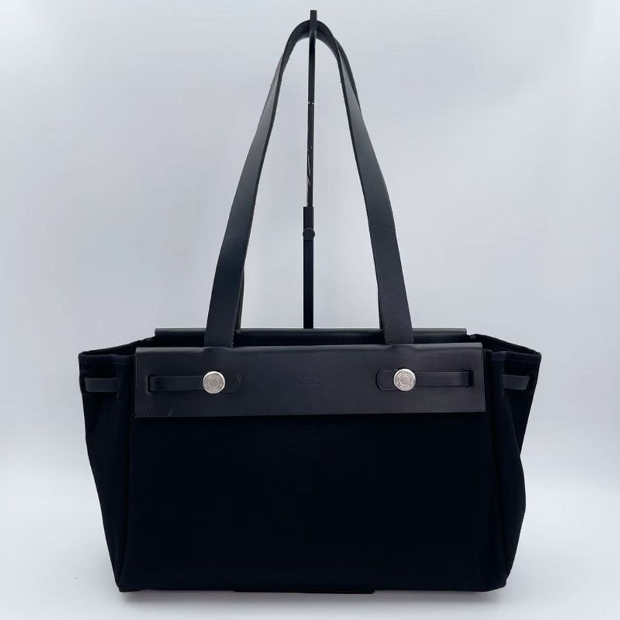 「JL精品代購」愛馬仕黑/深藍色herbag cabas帆布拼皮手提單肩托特包-1