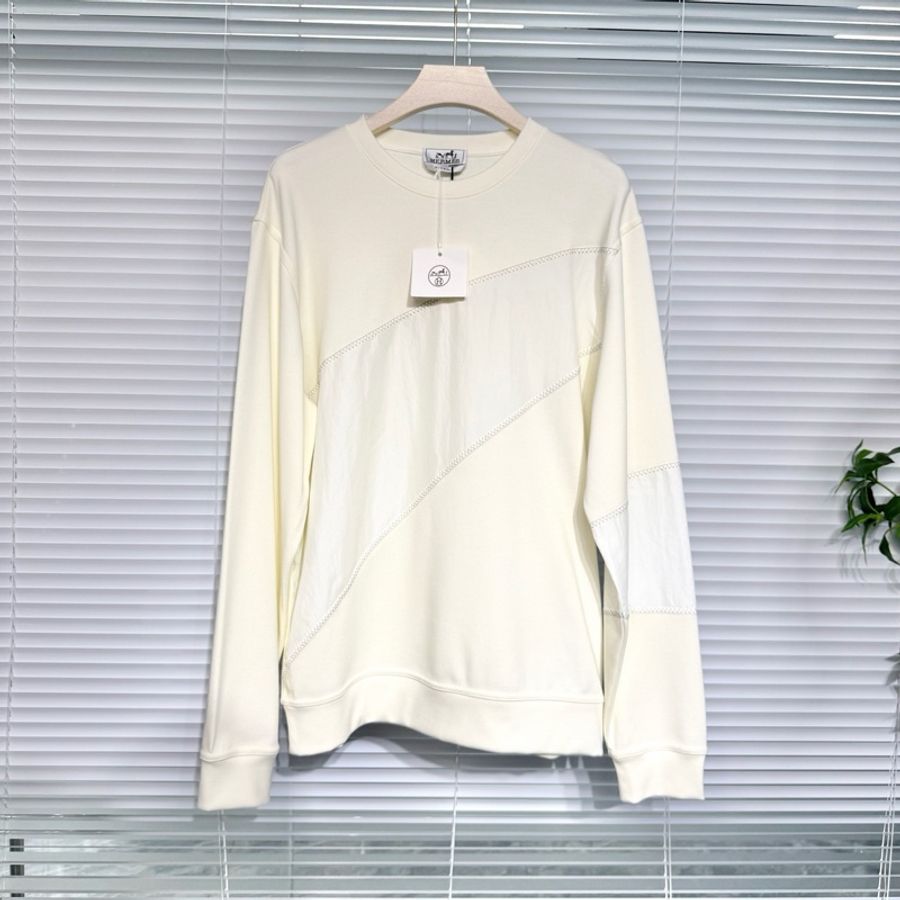 【全新原吊牌】 Hermès 愛馬仕 衛衣 L碼 尼龍拼接 莫康棉 螺紋領口 米白色-0