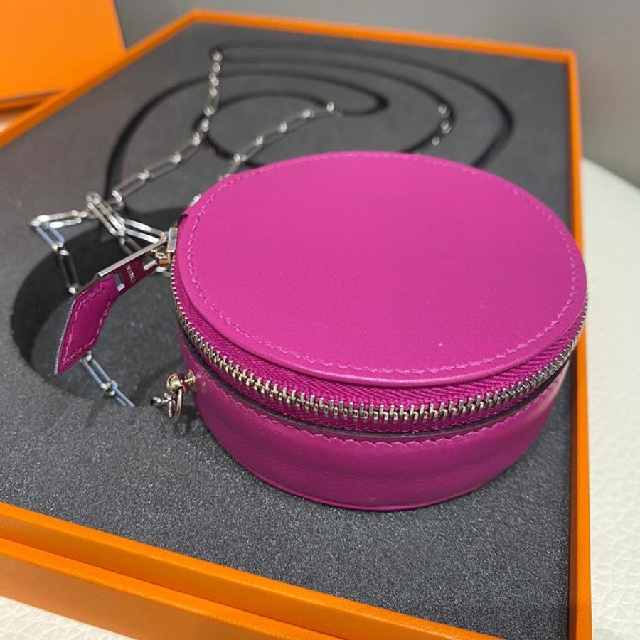 99新閑置品 Hermes Micro Rond Veau Villandry Bag 銀扣鏈條迷你圓盒包 限量版 L3 玫瑰紫-4