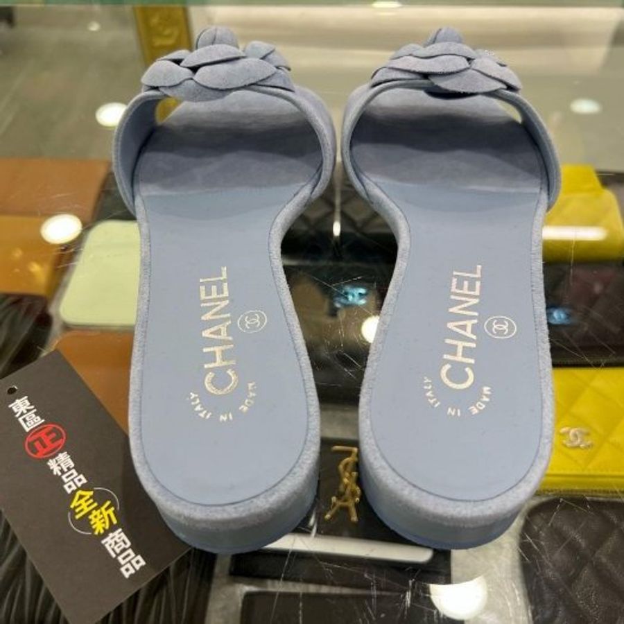 東區正精品㊣CHANEL G45499全新香奈兒藍色山茶花麂皮金雙C涼鞋拖鞋 36.5號 RZ6303-6
