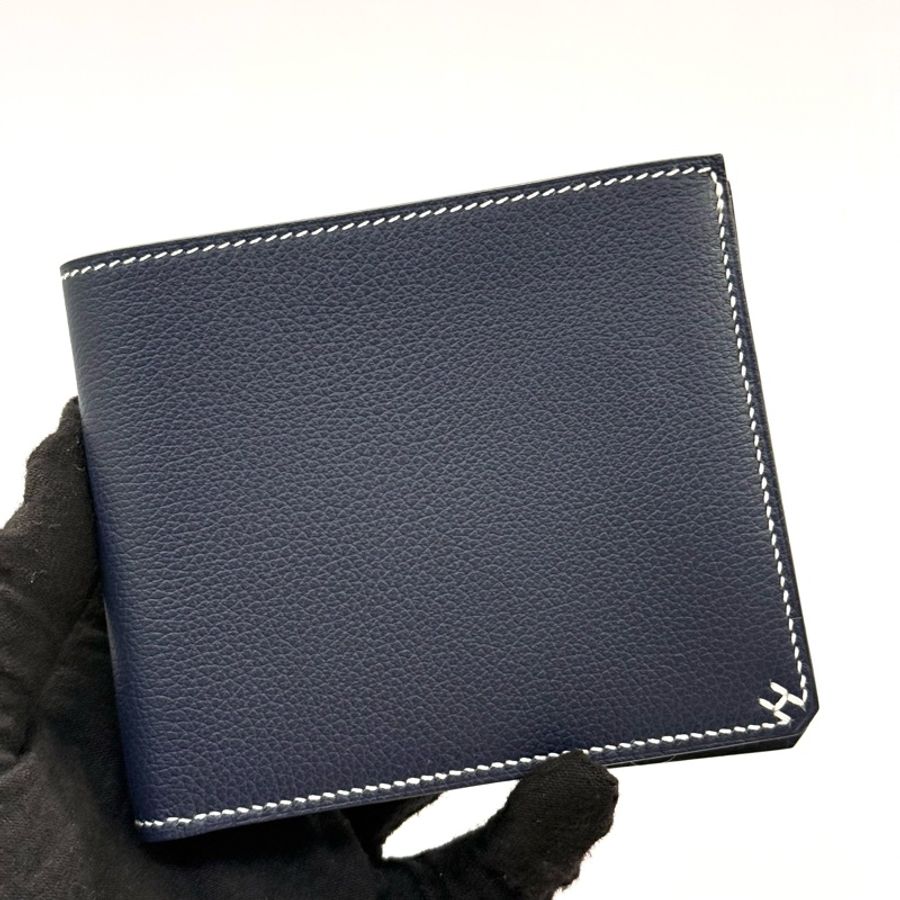 HERMES 愛馬仕 霧霾藍牛皮 PORTEFEUILLE H SELLIER COMPACT短夾 K刻-0